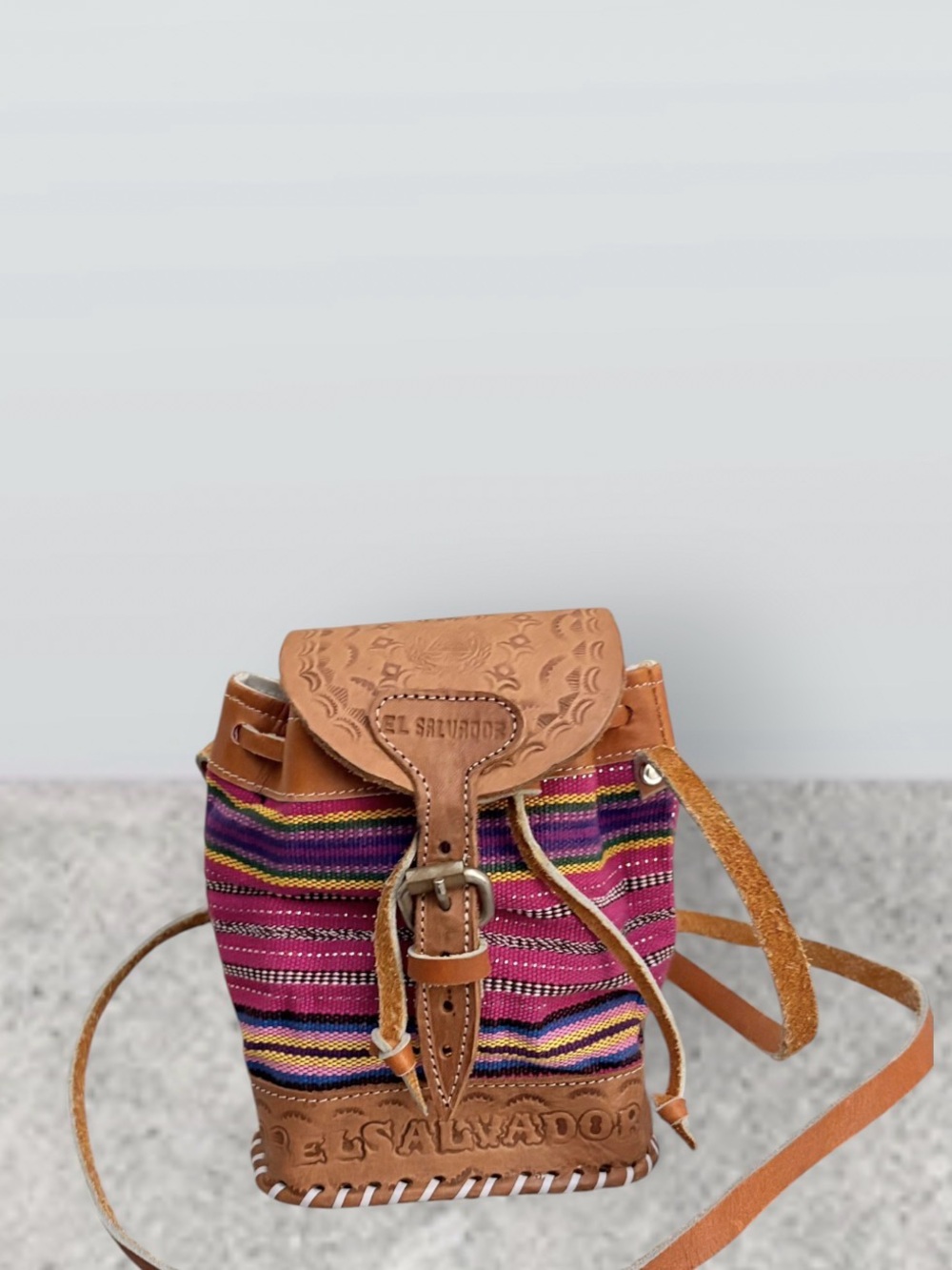 Vintage Handcrafted El Salvador Leather Woven Drawstring Bucket Bag